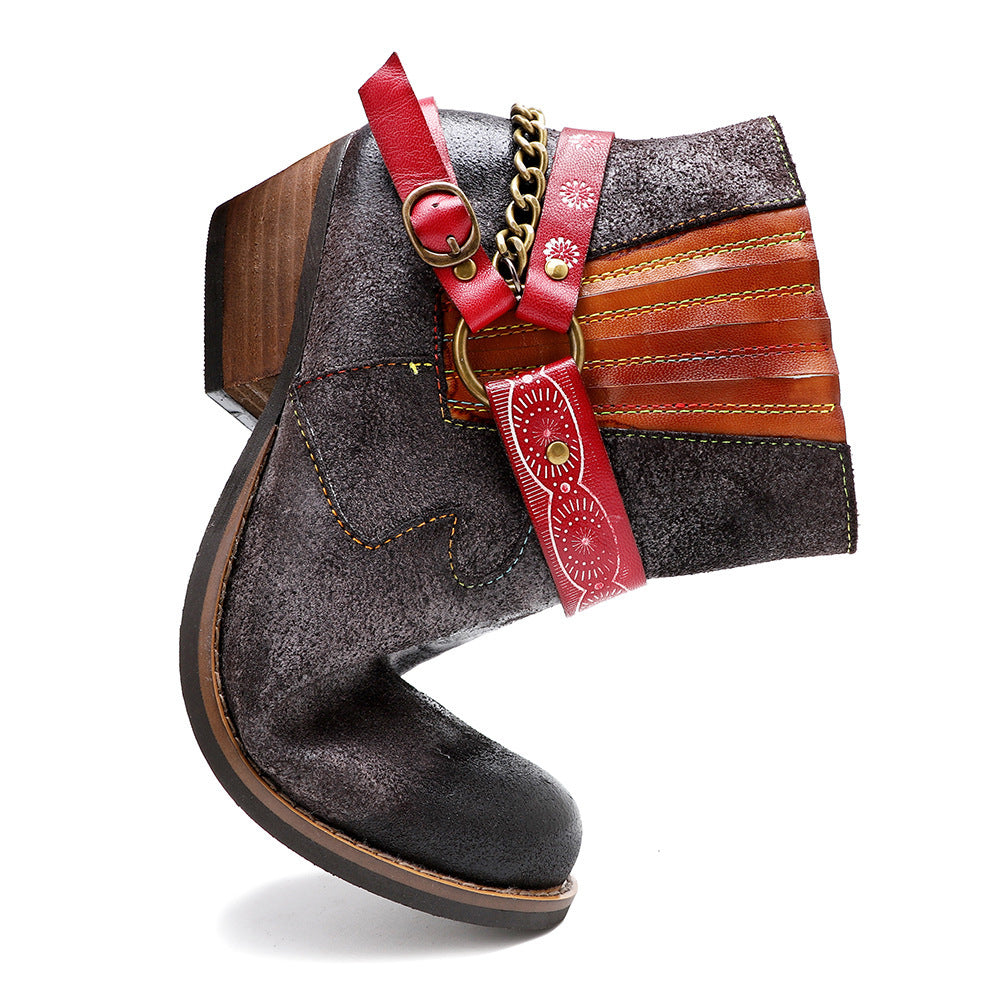 Amerikaanse Fashion Vintage Handgemaakte Matte Cowboy Enkellaarzen van Echt Leer met Geomestrisch Studded-band en Enkelketting voor Dames & Plus-size