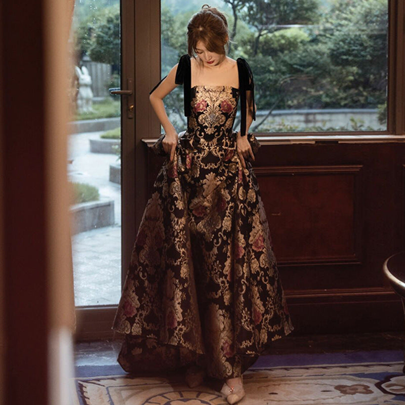 Elegante Unieke Franse Hoogwaardige Lange Vintage Jurk met Vierkante Kraag voor Dames & Plus-size