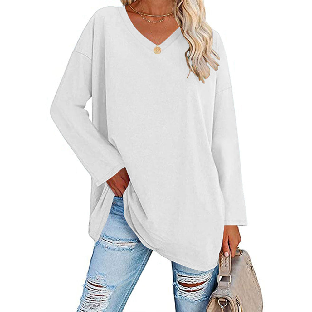 Casual V-hals Effen kleur Oversized Lange Mouw Shirt voor Dames & Plus-size