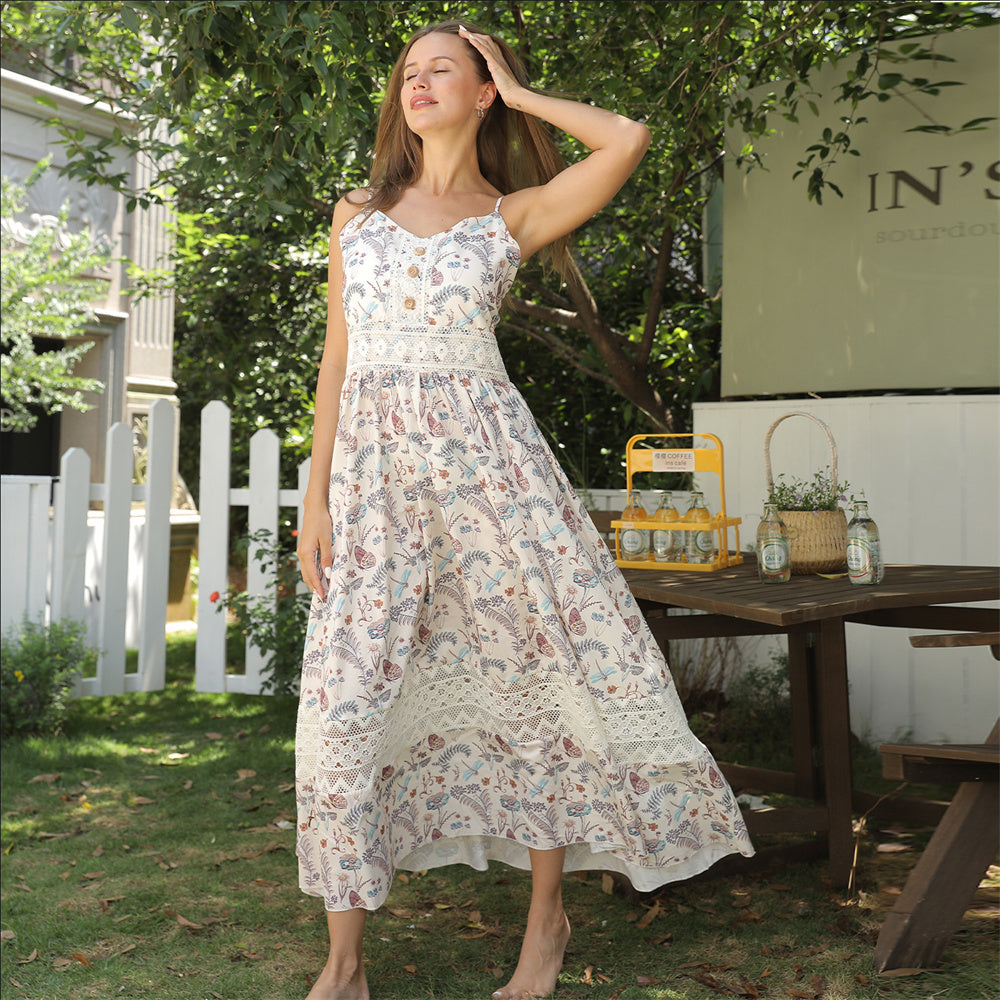 Elegante Bloemenprint Maxi-jurk met V-hals en Spaghettibandjes voor Dames & Plus-size