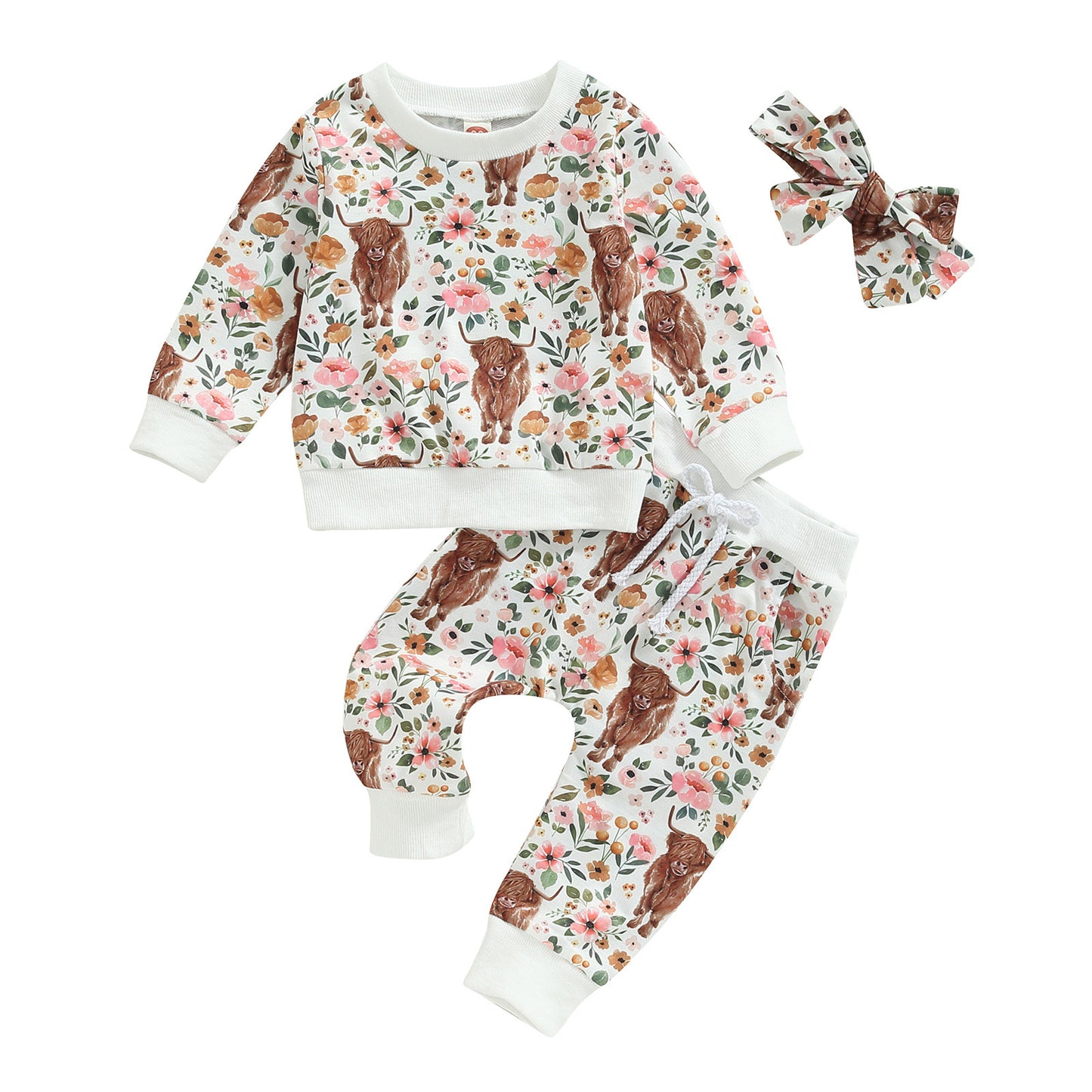 Casual Kinderoutfit 3-delig Bloemenmotief Sweatshirt & Joggingbroek en Haarband met Strik voor Meisjes