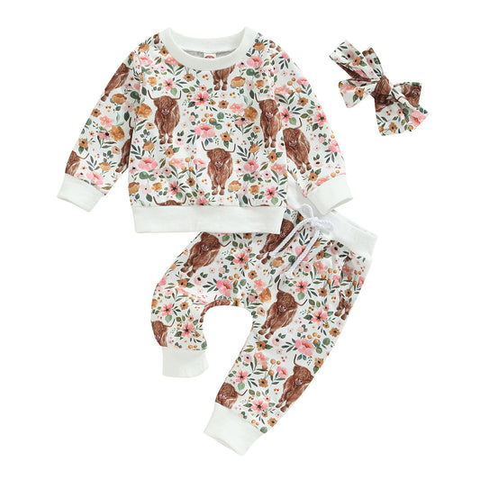 Casual Kinderoutfit 3-delig Bloemenmotief Sweatshirt & Joggingbroek en Haarband met Strik voor Meisjes