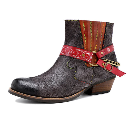 Amerikaanse Fashion Vintage Handgemaakte Matte Cowboy Enkellaarzen van Echt Leer met Geomestrisch Studded-band en Enkelketting voor Dames & Plus-size