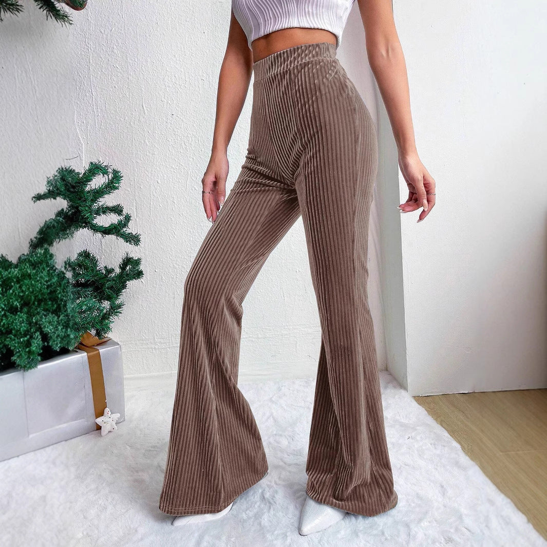 Stijlvolle Casual Geribbelde Corduroy Flared Stretch Broek met Hoge Taille en Wijde Pijpen voor Dames