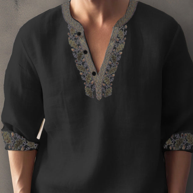 Europese Casual Oversized Kleurmatching Bamboe Linnen T-shirt met 3D Bedrukte Henleykraag en Lange Mouwen voor Heren