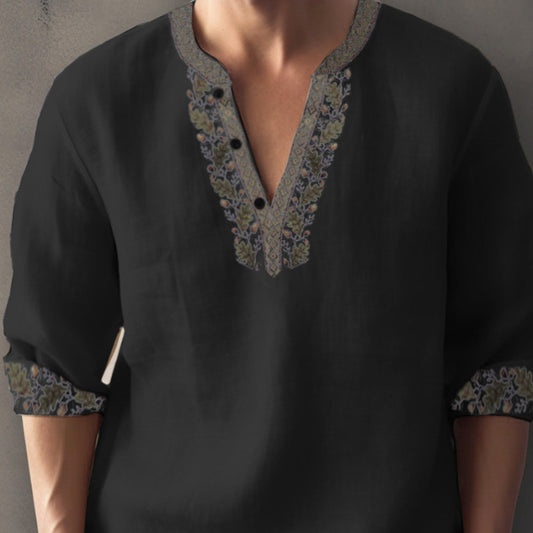 Europese Casual Oversized Kleurmatching Bamboe Linnen T-shirt met 3D Bedrukte Henleykraag en Lange Mouwen voor Heren