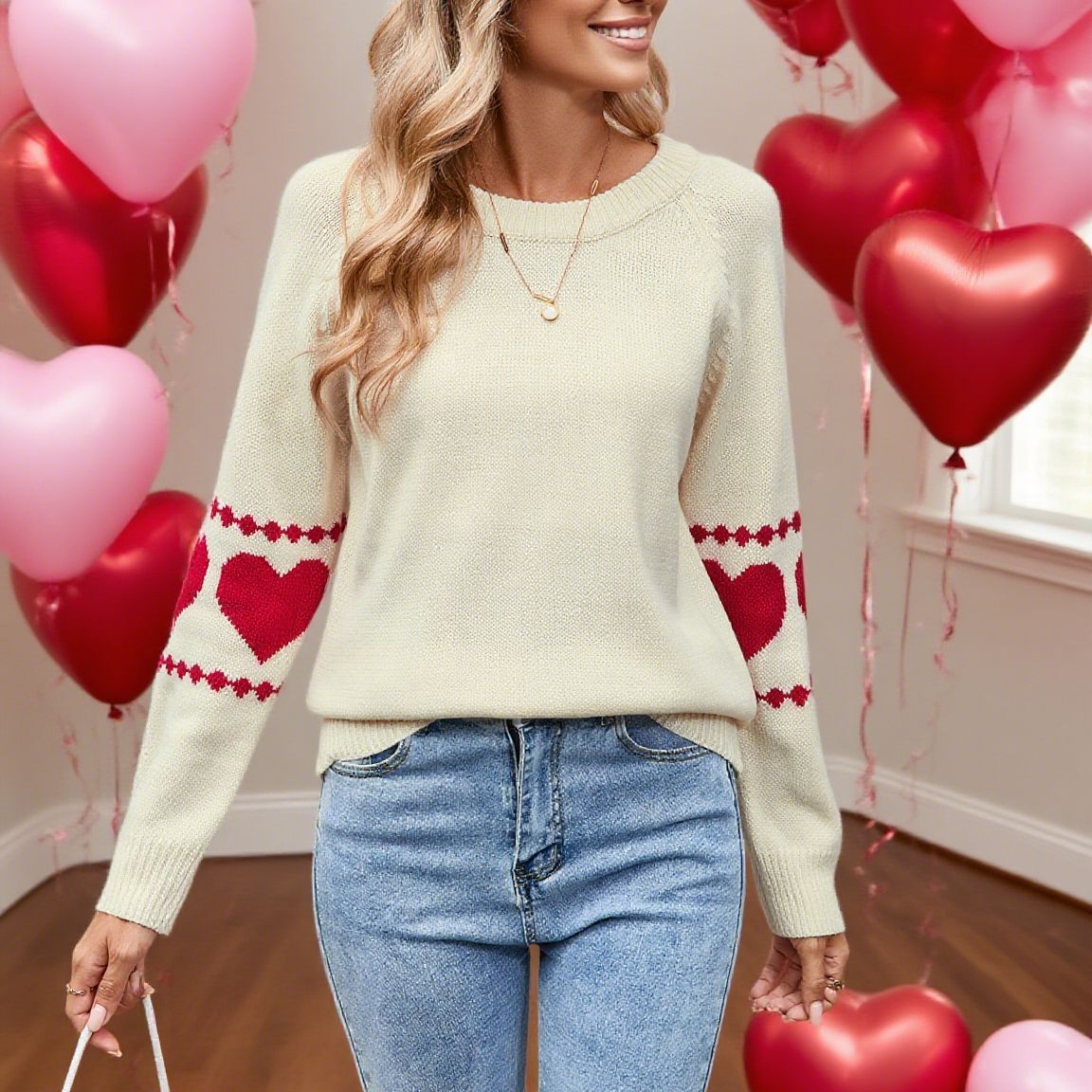 Europese en Amerikaanse Gebreide Trui met Hartjespatroon voor Dames & Meiden