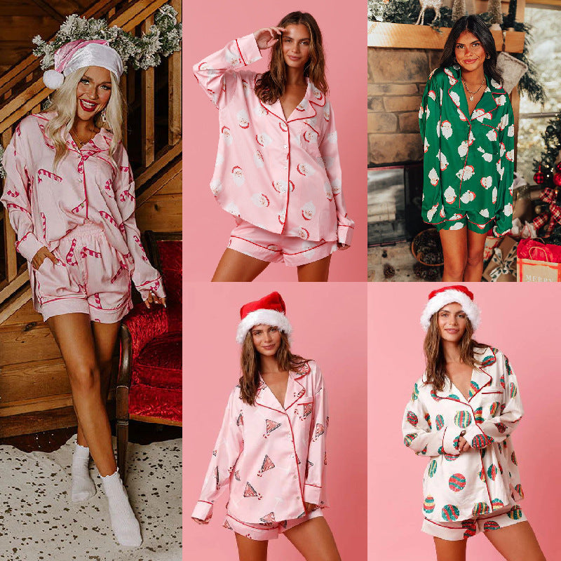 Kerstmis Elegante Stijlvolle Satijnen All-Over Bedrukte Kerstmisprint Korte Huis/Pyjama-outfit met Lange Mouwen voor Dames & Plus-size
