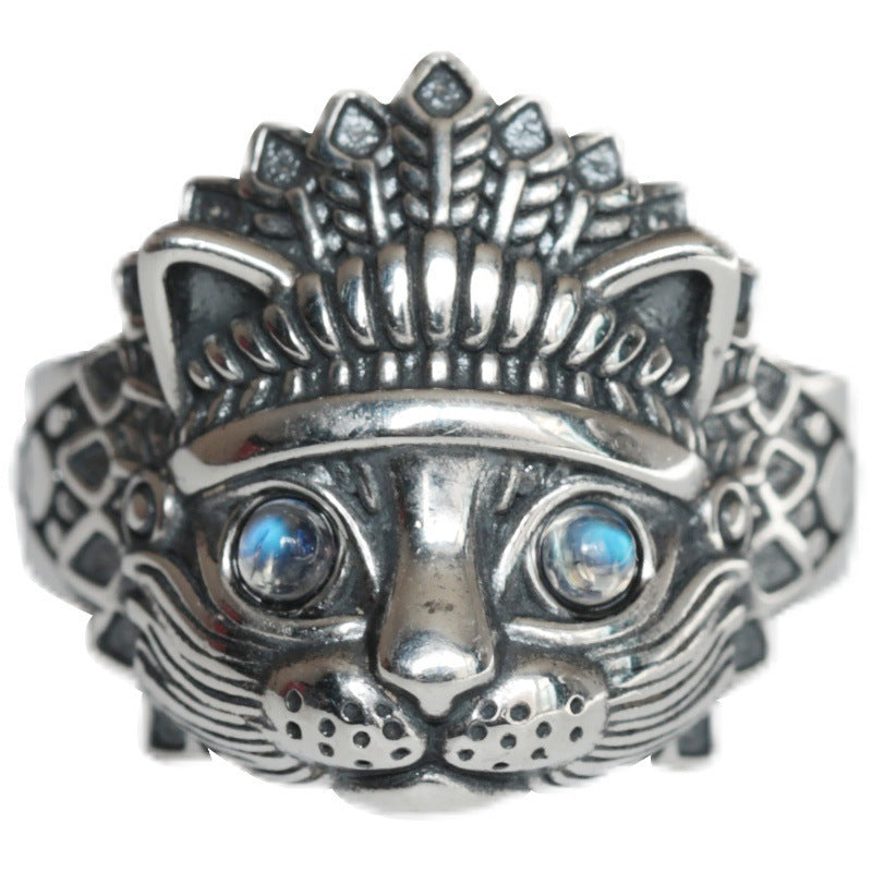 Vintage Ring met Maansteen en Indiase Kat voor Heren