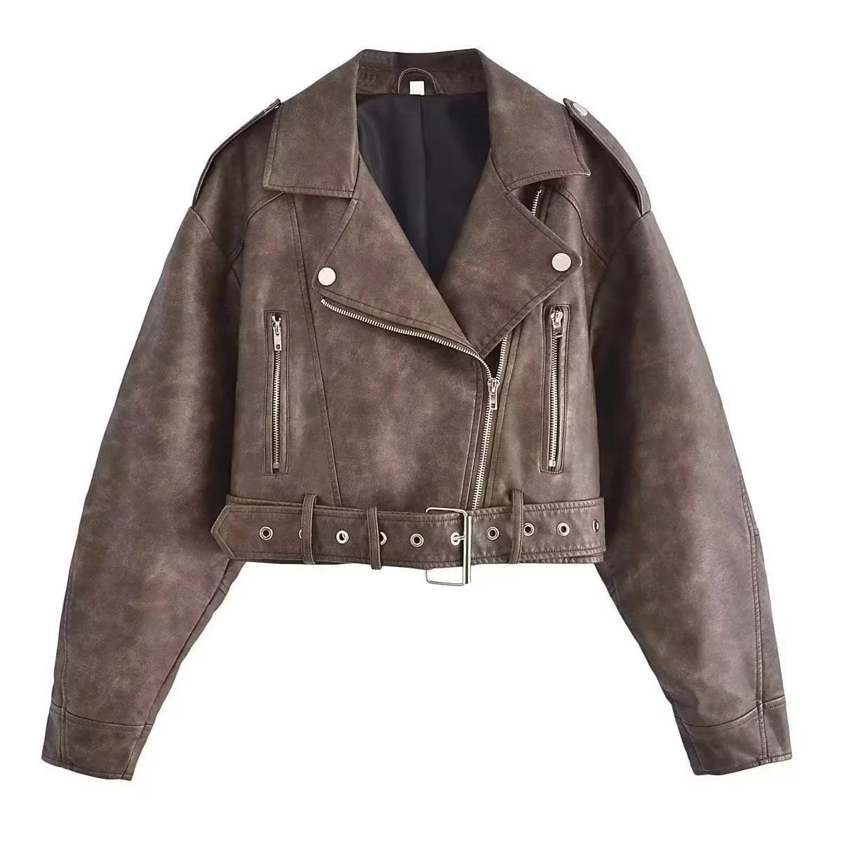 Street Hipster Fashion Washed Motorjacket van PU-Leer in Effen Kleur met Rits en Riemsluiting voor Dames