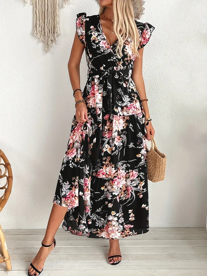 Elegante Zwarte Bloemenprint Maxi-jurk met V-hals en Korte Mouwen voor Dames & Plus-size