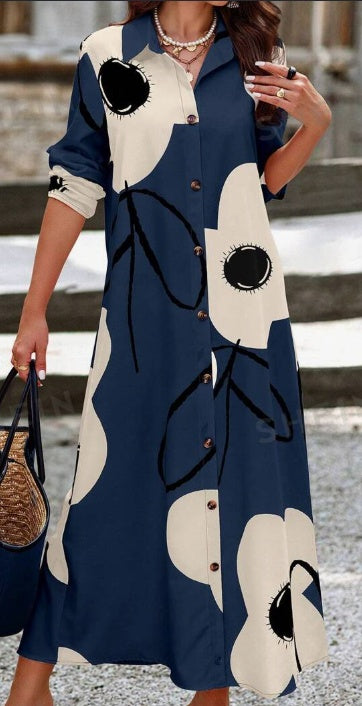 Casual Bloemenprint Maxi-jurk met Lange Mouwen en Knoopsluiting voor Dames & Plus-size