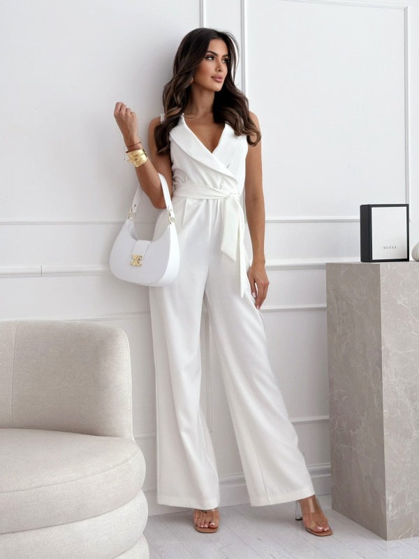 Unieke Design Elegante Effen Kleur V-hals Mouwloze Jumpsuit met Riem voor Dames/Plus-size & Meiden