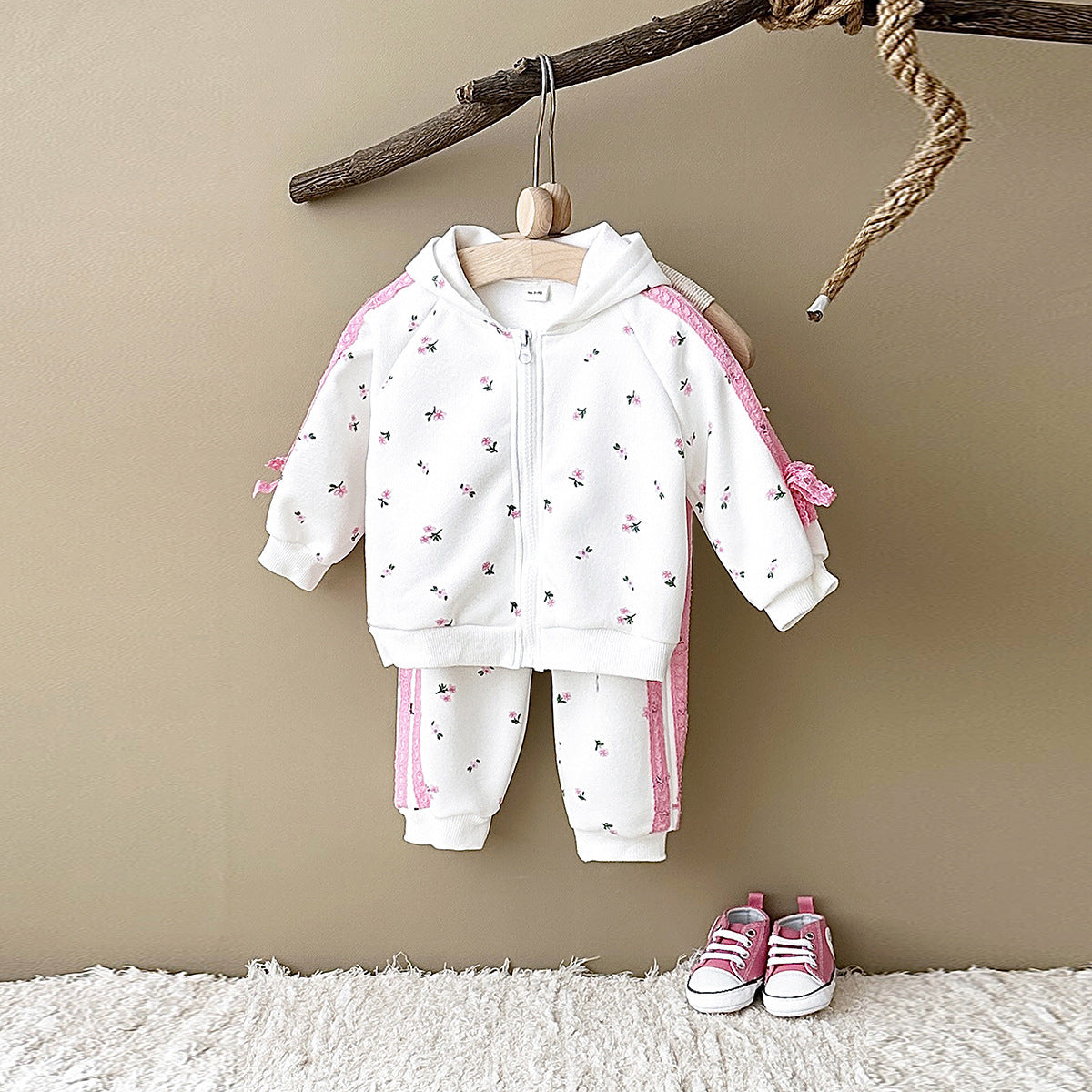 Casual 2-delig Set Sweatvest met Capuchon en Bloemenprint & Broek met Bloemenprint voor Meisjes