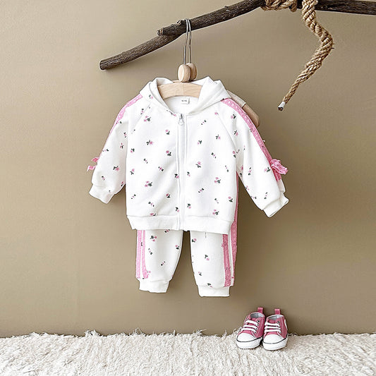 Casual 2-delig Set Sweatvest met Capuchon en Bloemenprint & Broek met Bloemenprint voor Meisjes