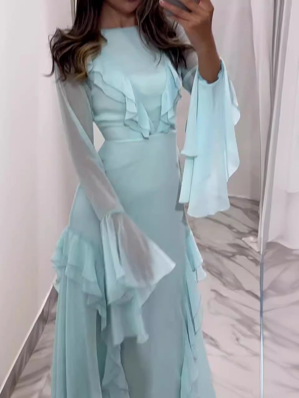 Casual Geplooide Lange Avond/ Feestjurk met Ronde Hals en Lange Mouwen voor Dames & Plus-size