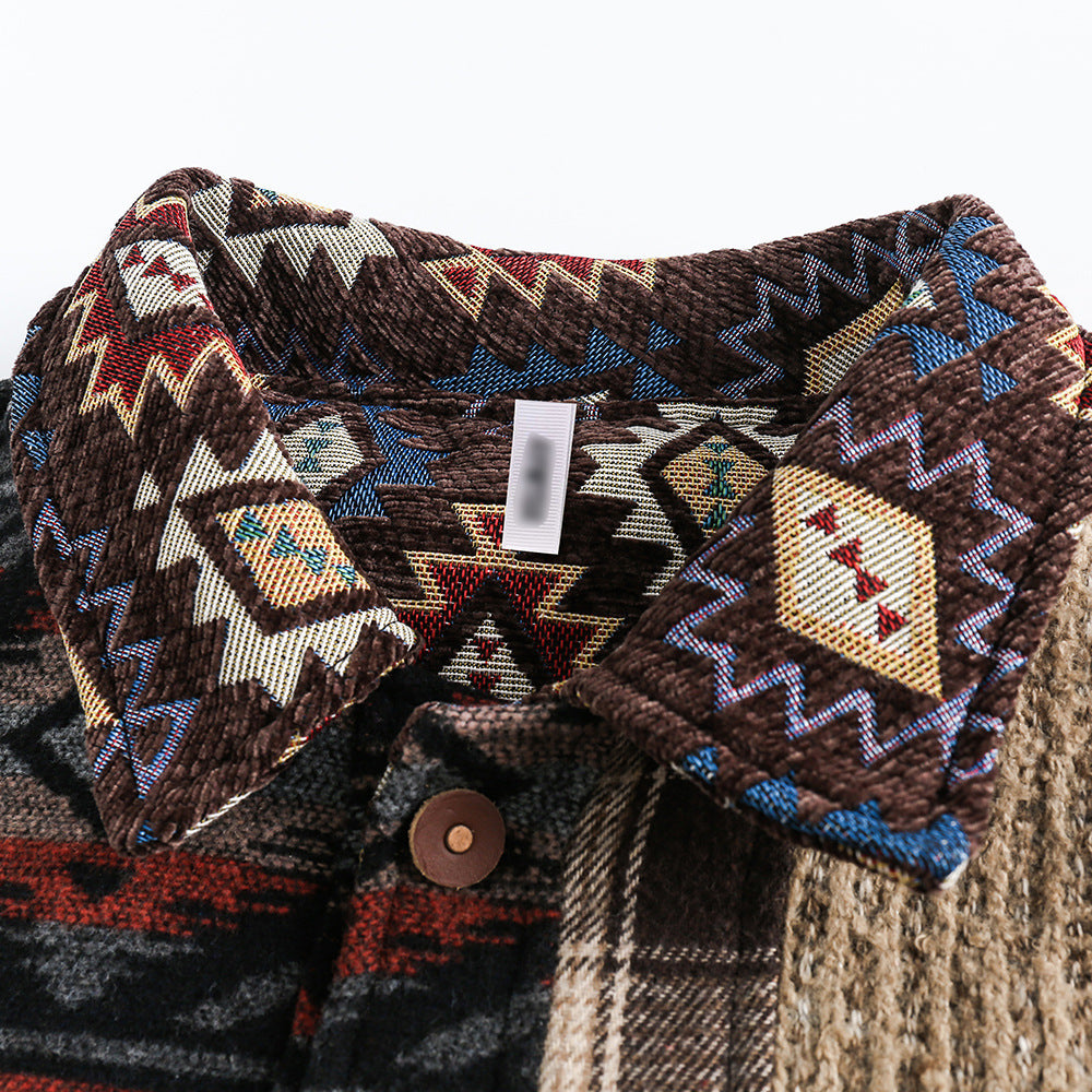 Vintage Losse Splitjacket met Patches en Etnische Patroon  voor Heren