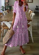 Stijlvolle Elegante Bedrukte Bloemenprint Maxi-jurk met Lange Mouwen en V-hals voor Dames & Plus-size
