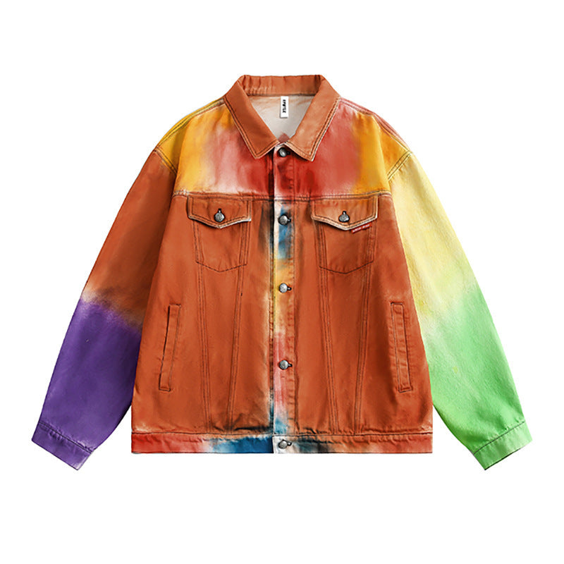 Trendy Tie-Dye Gradient Denim Jacket met Knoopsluiting voor Dames/ Plus-size & Heren