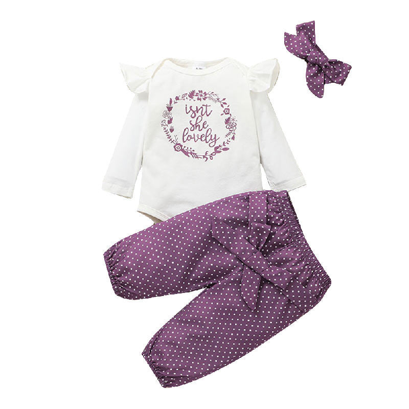 Trendy 3-delige Set Baby Meisjes Romper met Lange Mouwen, Strikhaarband & Broek met Strik