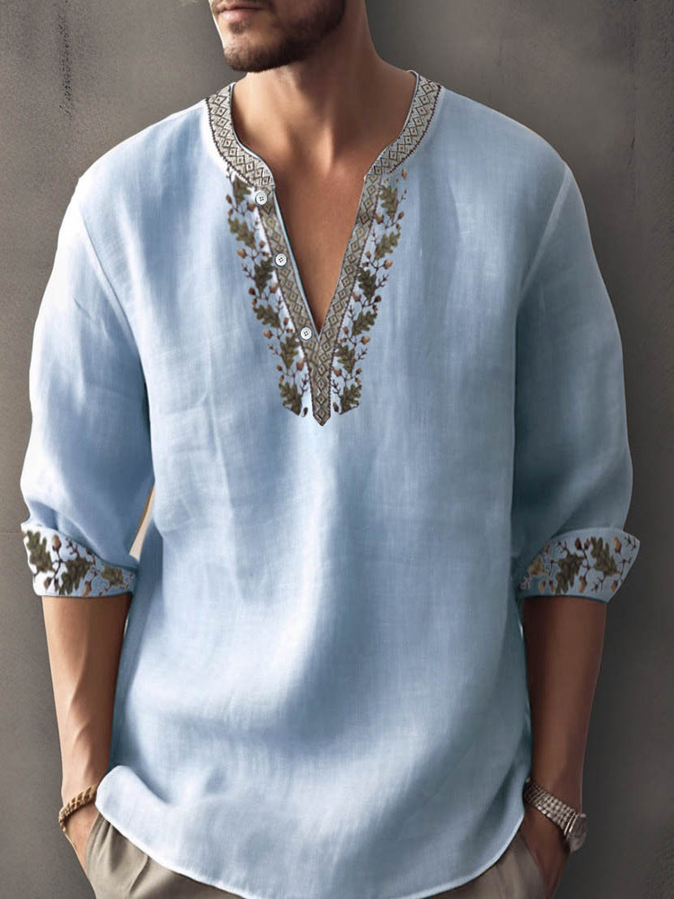 Europese Casual Oversized Kleurmatching Bamboe Linnen T-shirt met 3D Bedrukte Henleykraag en Lange Mouwen voor Heren