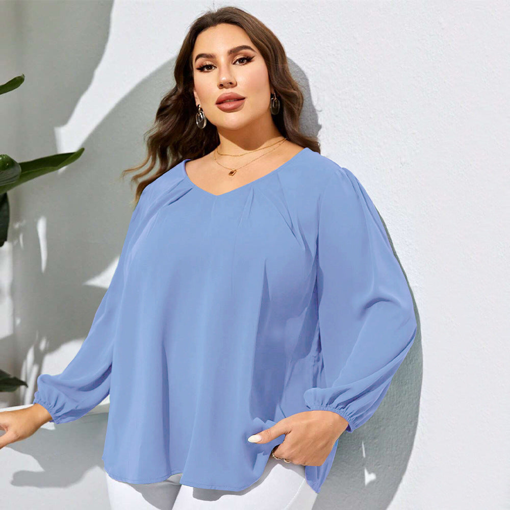 Amerikaanse Elegante Casual Effen Kleur Oversized V-hals Shirt met Lange Mouwen voor Plus-size