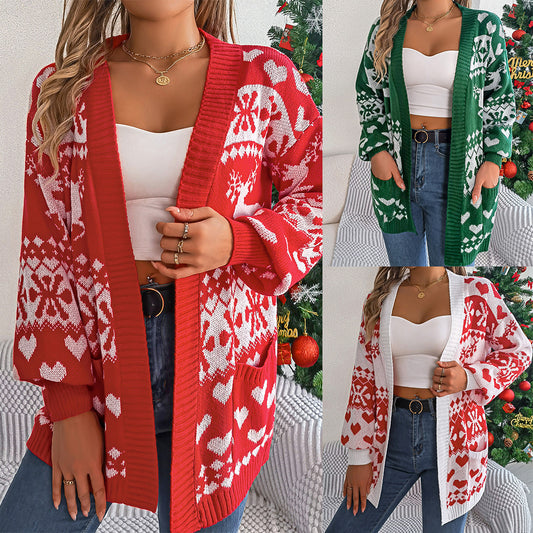 Kerstmis Unieke Stijlvolle Oversized Gebreide Kerst Truivest met Gebreide All-Over Hertenprint en Zakken voor Dames & Meiden