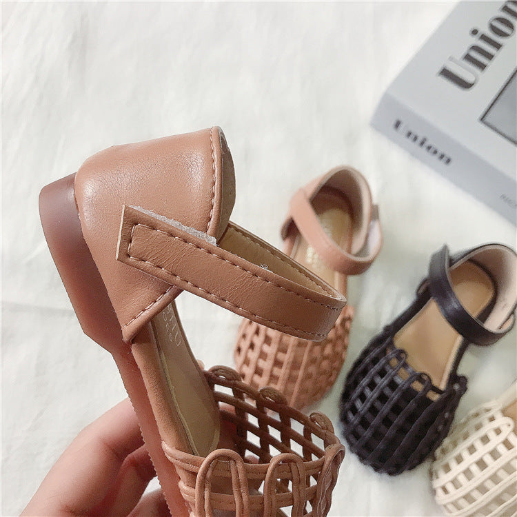 Elegante Stijlvolle Geweven Antislip Sandalen van PU-Leer in Effen Kleur met Ronde Neus en Klittenband voor Meisjes & Meiden