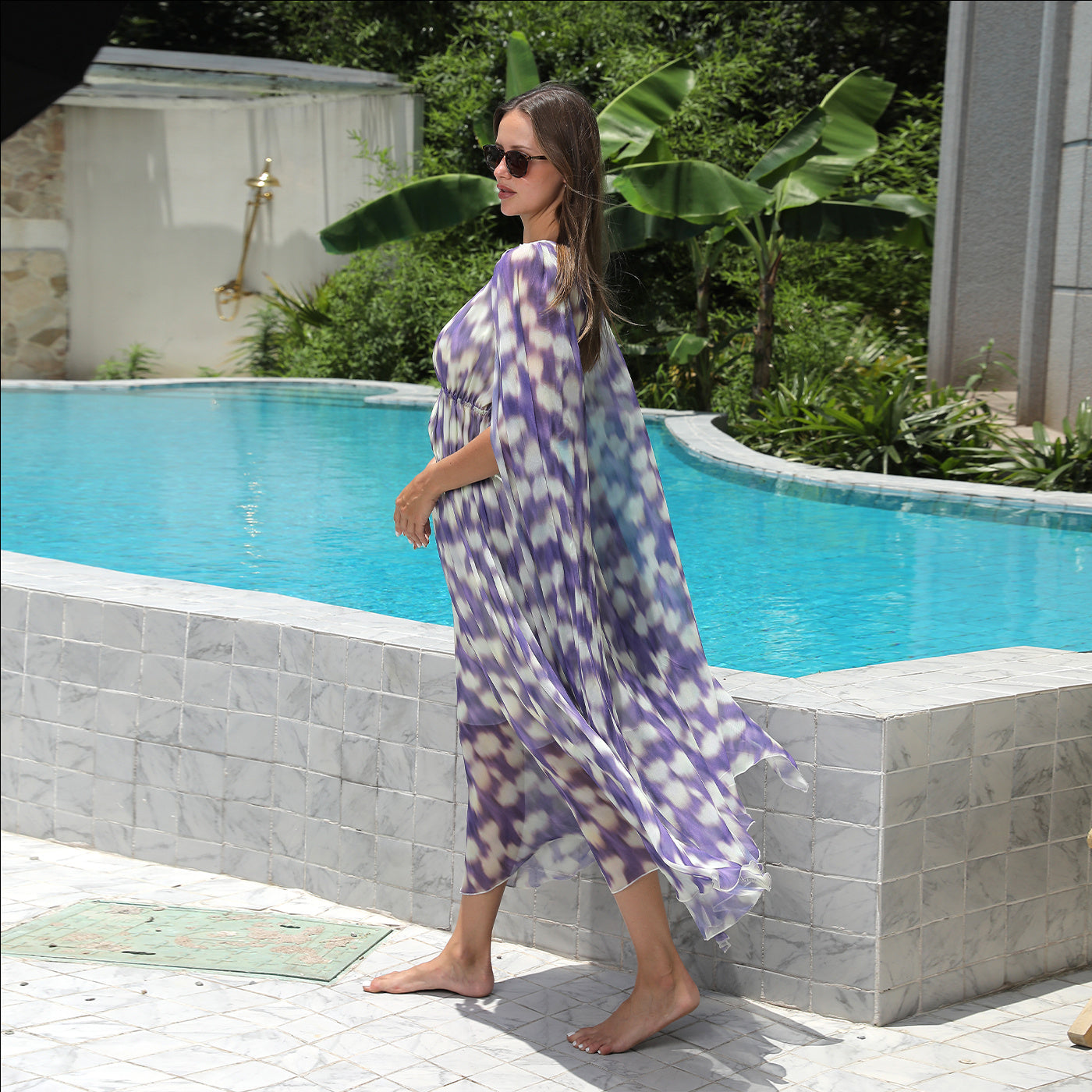 Elegante Stijlvolle Diepe V-hals Bloemenprint Maxi-jurk met Doorzichtige Mouwen voor Dames & Plus-size