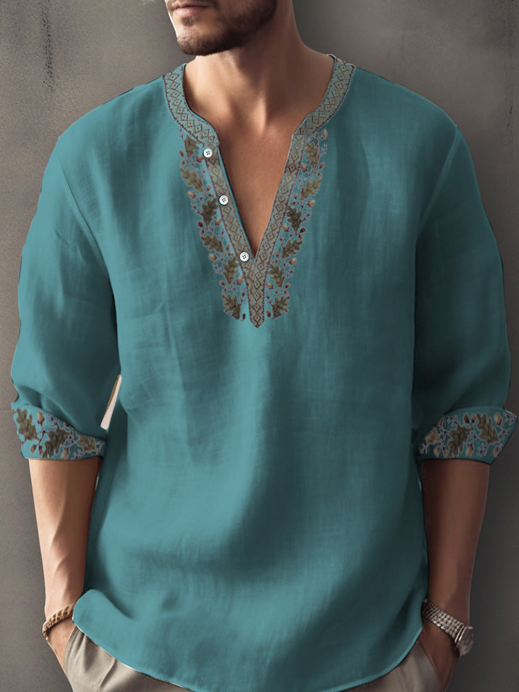 Europese Casual Oversized Kleurmatching Bamboe Linnen T-shirt met 3D Bedrukte Henleykraag en Lange Mouwen voor Heren