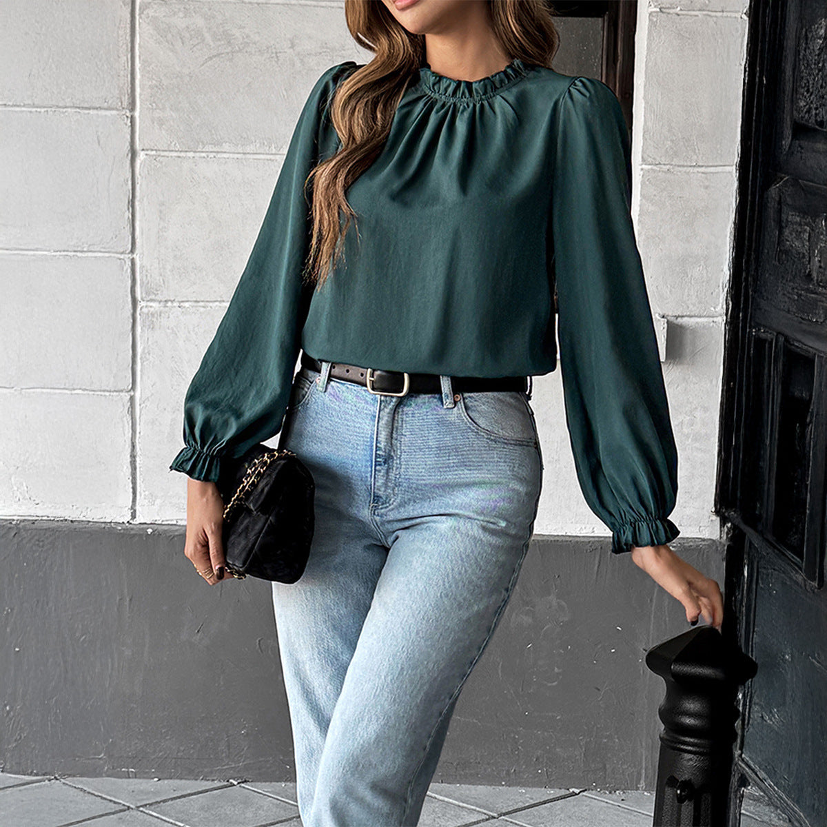 Europese Mosieuze Elegante Effen Kleur Gepooide Selvedge Shirt met Hoge Hals en Lange Lantaarn Mouwen voor Dames