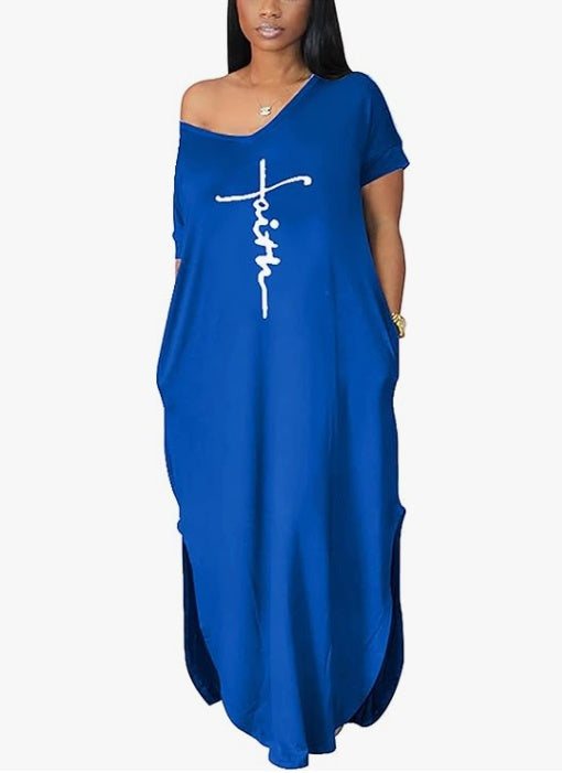 Casual Oversized Off-shoulder Halslijn Maxi-jurk met Letterprint voor Dames & Plus-size