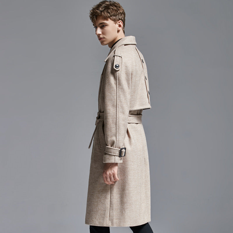 Casual/Business Lange Wollen Visgraat Trenchcoat met Knoopsluiting en Riem voor Heren