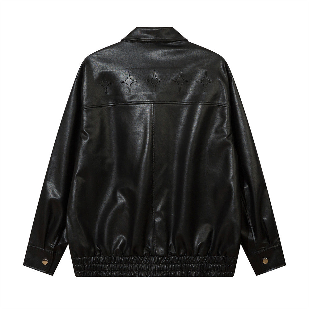 Trendy Losse Jacket van PU-Leer in Effen Kleur met Geborduurde Letters voor Heren