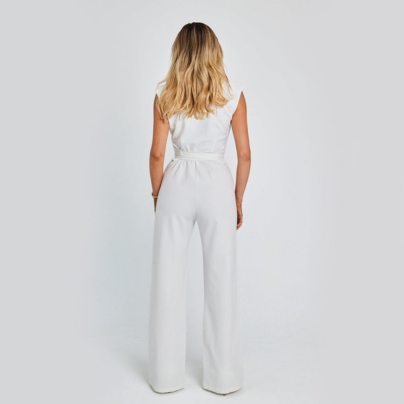 Mode Elegante Casual Effen Kleur Lange Mouwloze Hoge V-hals Jumpsuit met Wijde Pijpen en Riem voor Dames/Plus-size & Meiden