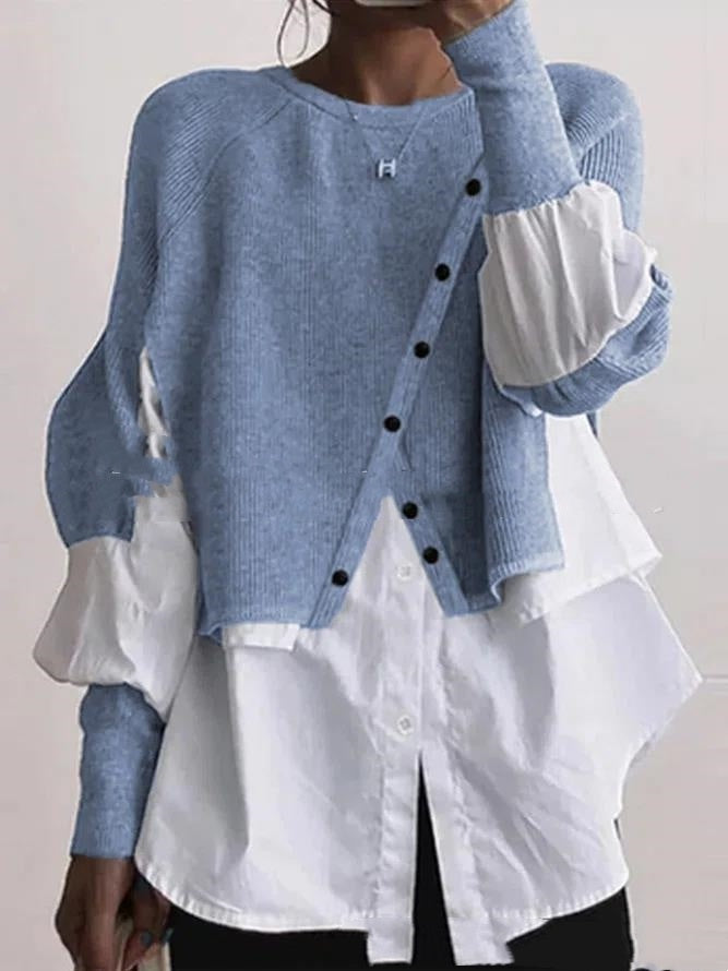 Trendy Ontwerp Ronde Hals Gebreide Trui Witte Shirt met Knoopsluiting en Lange Mouwen voor Dames & Plus-size