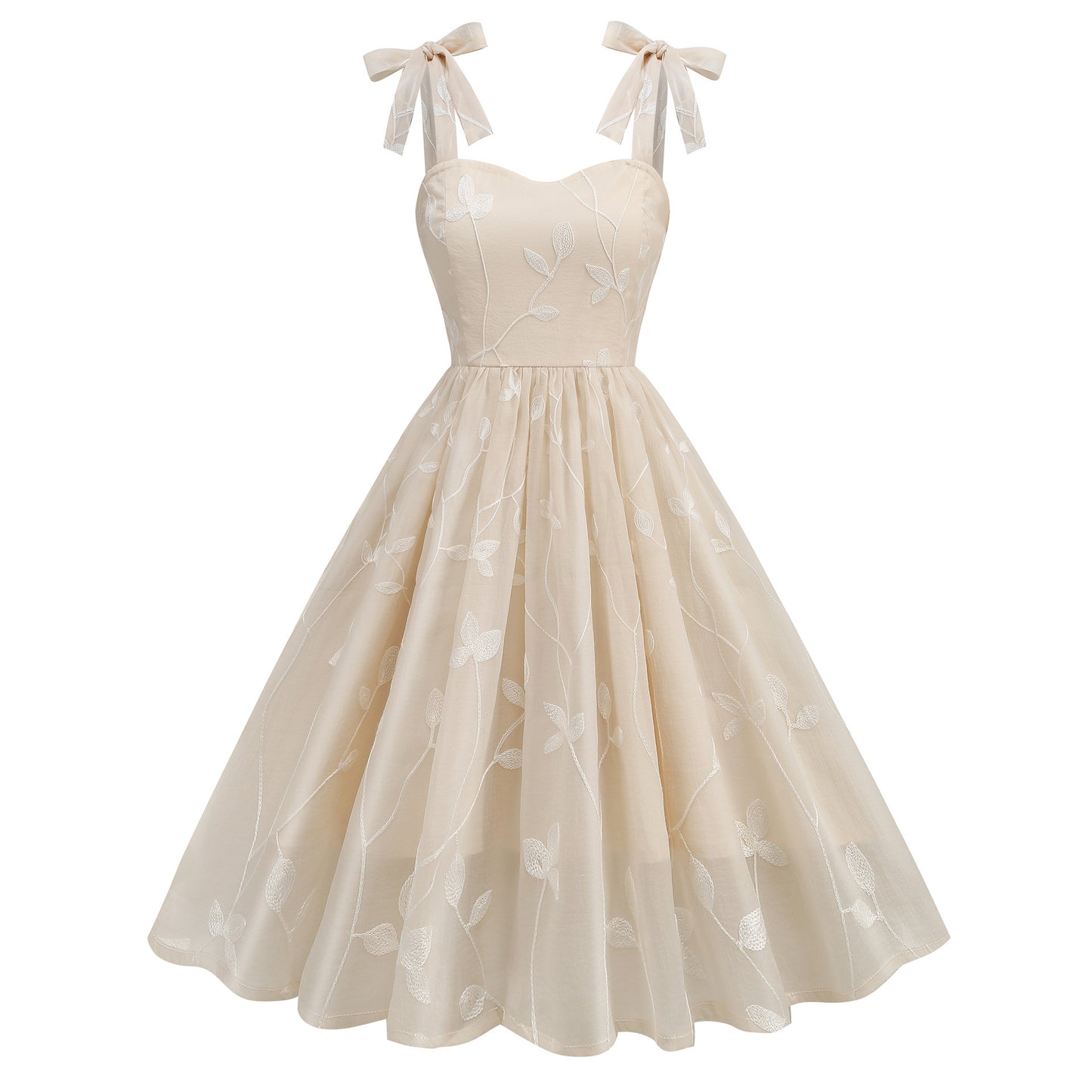 Hepburn Style Vintage Cocktailjurk met Strik Spaghettibandjes en Geborduurde Bloemen voor Dames & Plus-size