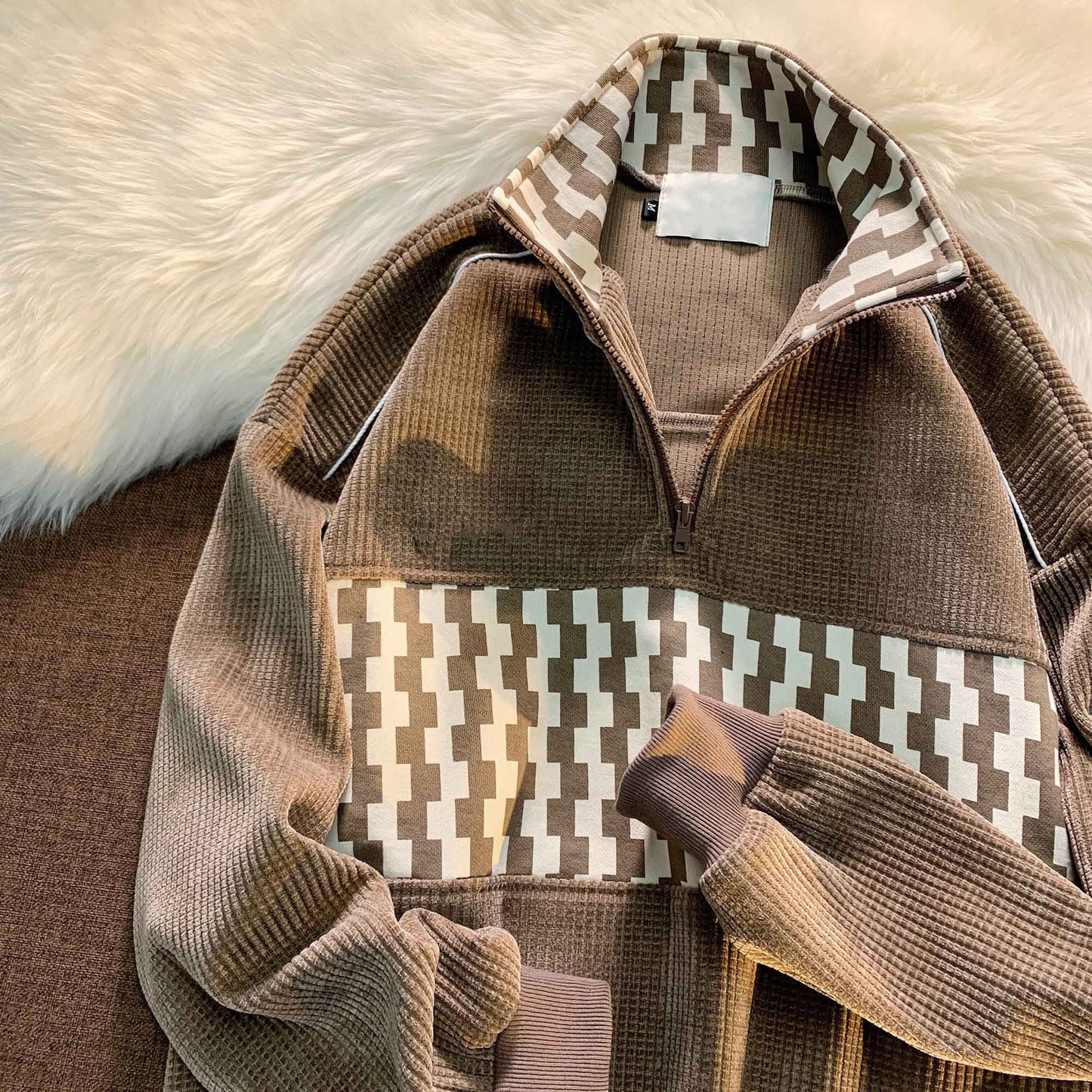 Amerikaanse Stijl Stitch Wafelgebreide Trui met Staande Kraag voor Heren