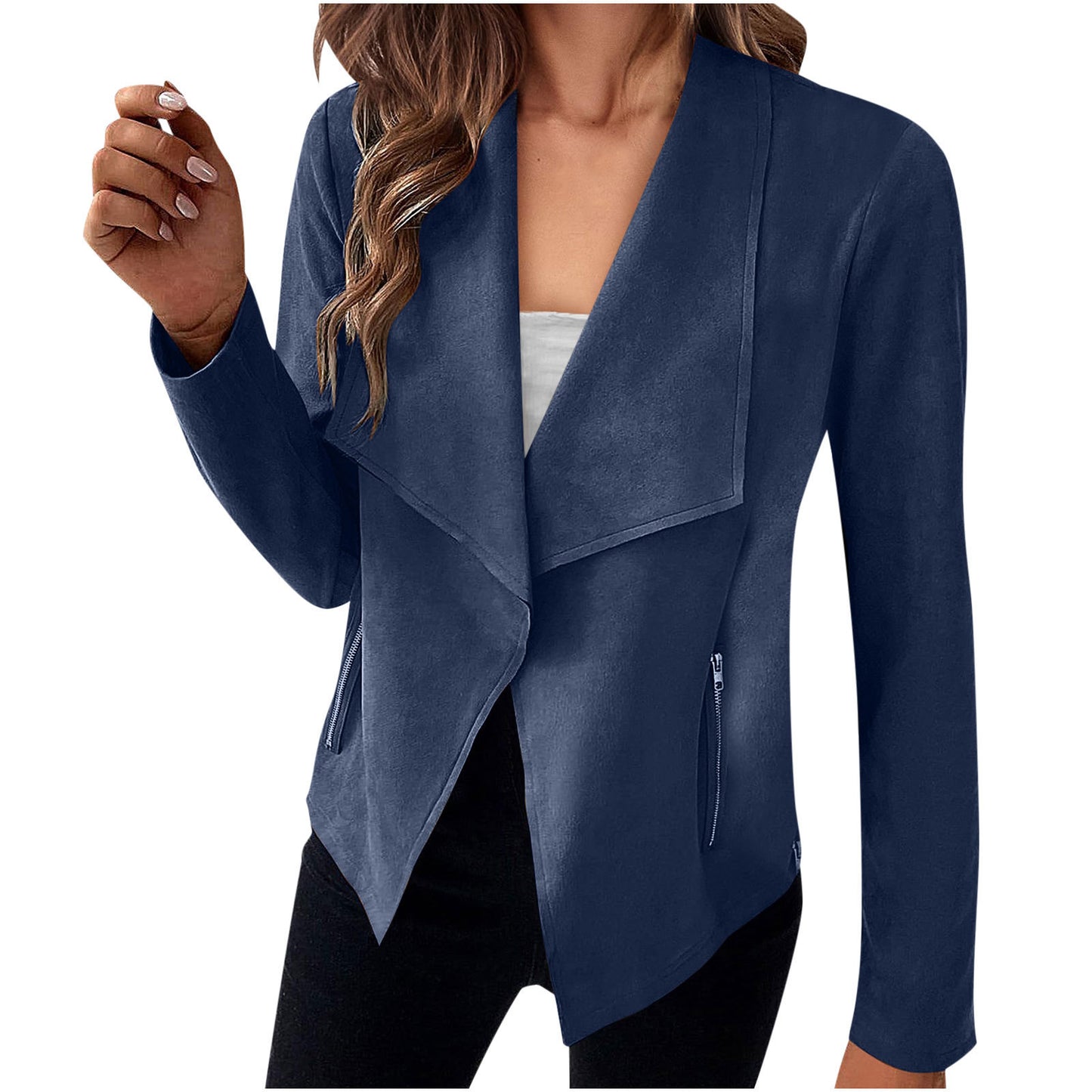 Stijlvolle Casual/Business in Effen Kleur Revers Suède Open Blazer met Ritszakken voor Dames & Plus-size