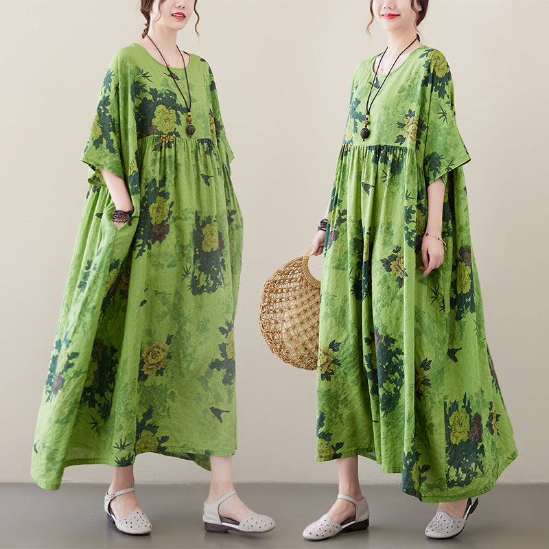 Renaissance Vintage Boheemse Bloemenprint Maxi-jurk met Ronde Hals en Korte Mouwen voor Dames