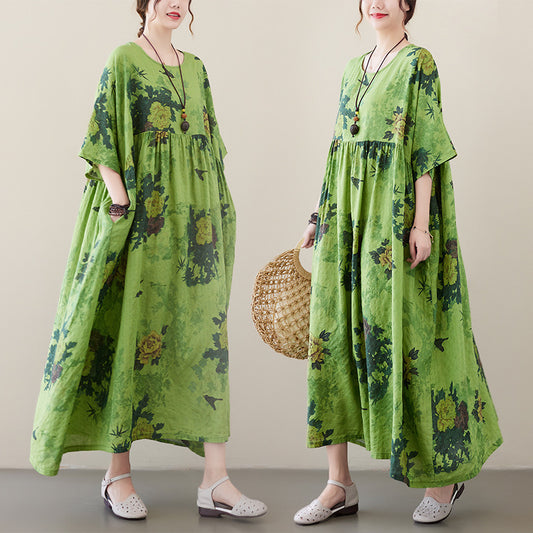 Renaissance Vintage Boheemse Bloemenprint Maxi-jurk met Ronde Hals en Korte Mouwen voor Dames