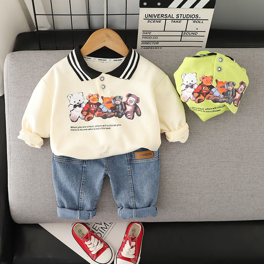 2-delige Kinderoutfit Sweatshirt met Bedrukte Cartoon & Jeans voor Peuters/ Kinderen