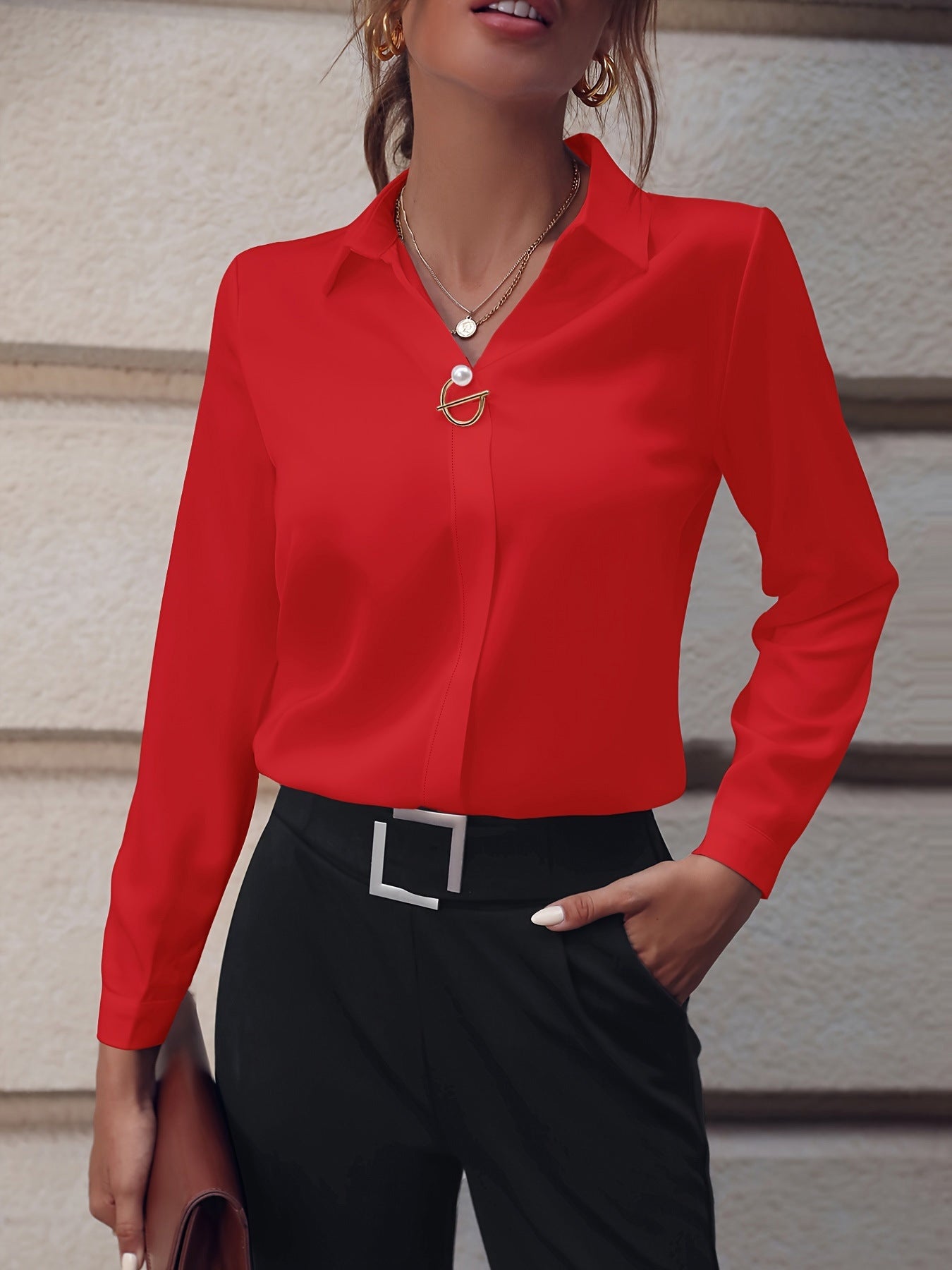 Elegante Forensen in Effen Kleur V-hals Shirt met Lange Mouwen en Knoopsluiting voor Dames/Plus-size & Meiden