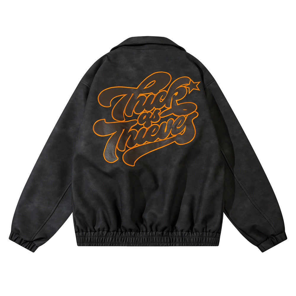 Retro Casual Jacket van PU-Leer met Geborduurde Letters voor Heren & Jongens