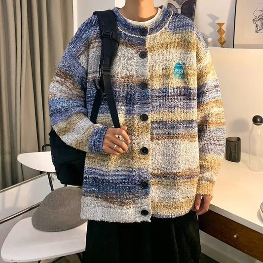 Retro Style Losse Trui-Cardigan met Contrast voor Heren