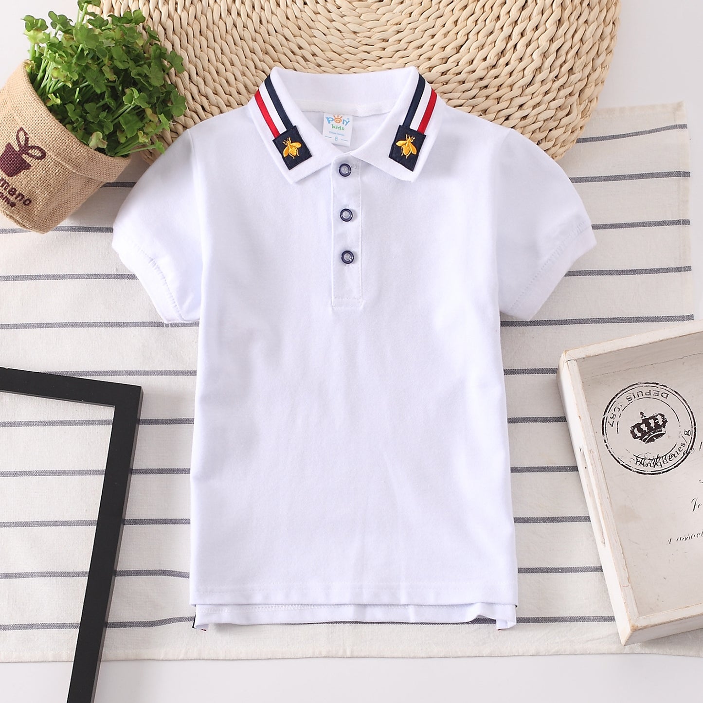 Europese Designer Ontwerp Modieuze Casual Effen Kleur Poloshirt met Geborduurde Kraag en Korte Mouwen voor Kids & Teenager