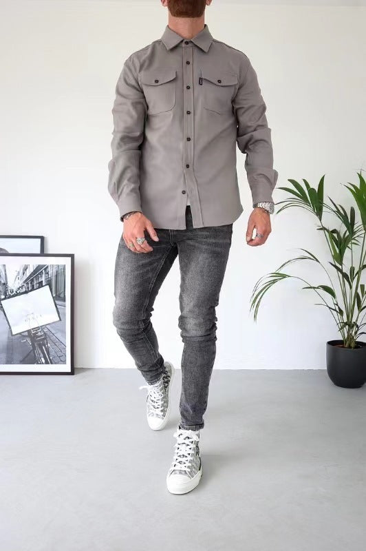 Casual Winterse Slim-Fit Brushed Overhemd in Effen Kleur met Knoopsluiting en Zakken voor Heren & Jongens