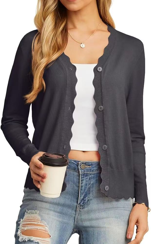 Modieuze Elegante Effen Kleur/ Gestreepte Korte Gebreide Vest met Golvende V-hals & Knoopsluiting en Lange Mouwen voor Dames & Plus-size