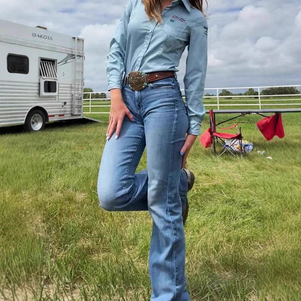 Casual Western Streetwear Slim Fit Elastische Mid-waist Licht Uitlopende Wijde Pijpen Jeans met Geborduurde Achterzakken voor Dames & Meiden