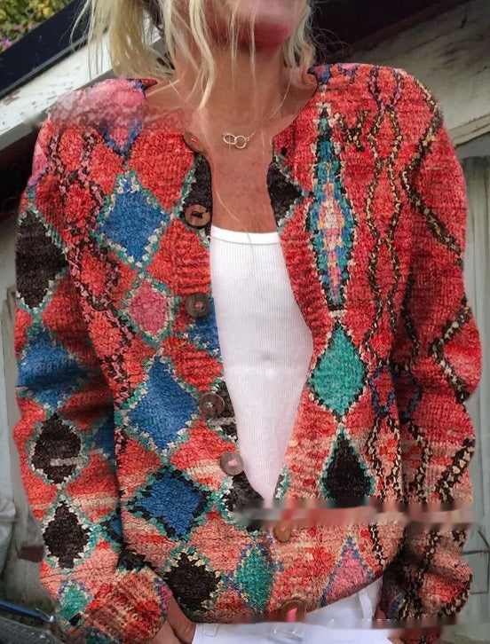 Casual Bedrukte Patroon Gebreide Trui-vest met Lange Mouwen en Knoopsluiting voor Dames & Plus-size